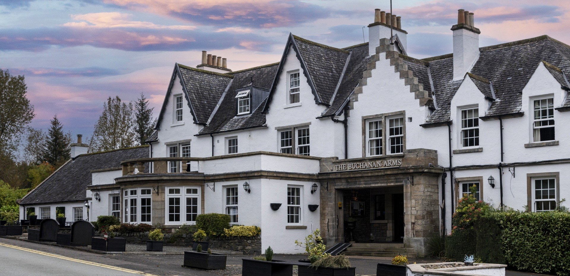 The Buchanan Arms Hotel, Drymen — Scottish coaching inn at sunset